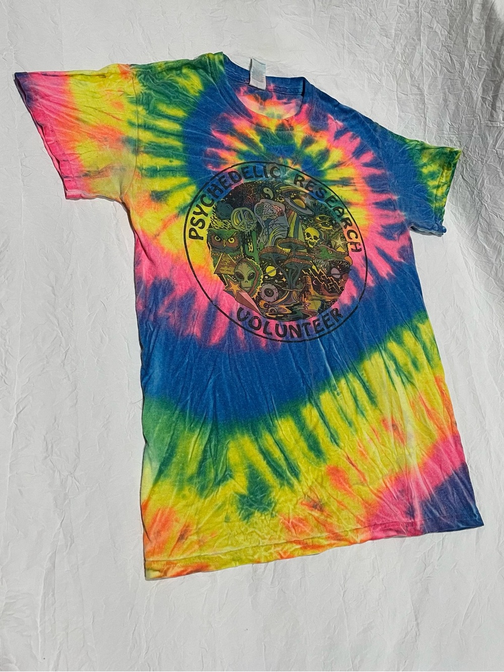 Psychedelic Research Volunteer Tie-Dye Graphic Tee - Neon Rainbow
